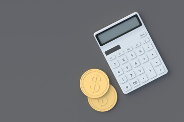 Calculator and coins on gray table. Financial crisis concept. Growth or fall of the economy. Home, family budget. Economic sanctions. Top view. Copy space. 3d render