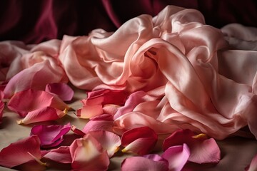  a pile of pink petals on a bed of pink satin material with a pink satin drape in the background and a pink rose petals on the floor.  generative ai