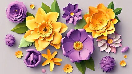 3d render, violet yellow craft paper flowers, floral clip art set. Generative Ai