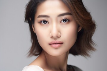 Fototapeta premium Beautiful young Asian woman with clean fresh skin isolated on white background, Face care, Facial treatment, Cosmetology, beauty and spa, Asian women portrait generative ai