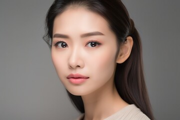 Fototapeta premium Beautiful young Asian woman with clean fresh skin isolated on white background, Face care, Facial treatment, Cosmetology, beauty and spa, Asian women portrait generative ai