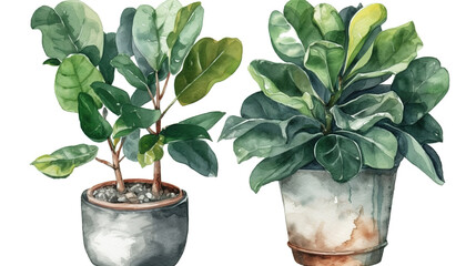 Watercolor illustration of potted ficus plan. Generative Ai