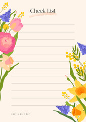 Spring Check list template on beige background. Vector illustration in springtime design with tulip, narcissus, daffodil, mimosa flowers for planner, notes page concept
