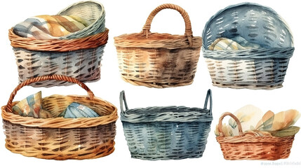 Watercolor illustration, rustic wicker basket collection. Generative Ai