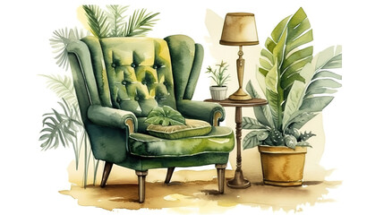 watercolor illustration. Modern cozy home interior with green armchair. Generative Ai
