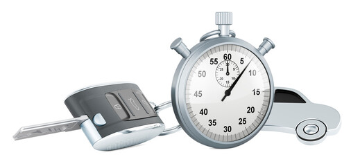 Car key with car shape metal keychain with stopwatch, 3D rendering