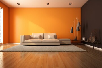  an orange living room with a white couch and a rug on a hard wood floor and a window in the corner of the room with blinds.  generative ai