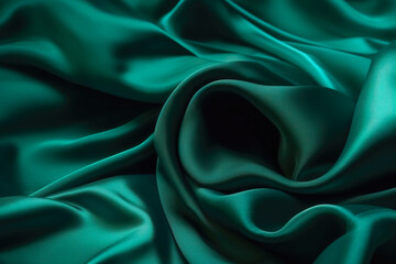 Texture of green silk fabric. Beautiful emerald green soft silk fabric background