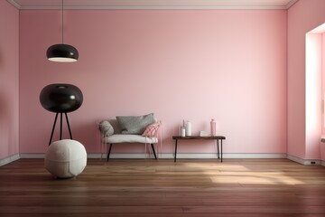  a living room with a pink wall and a white chair and a black lamp on a wooden floor and a white chair and a table.  generative ai