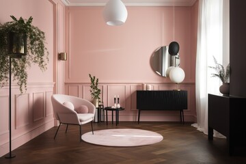  a living room with pink walls and a white rug on the floor and a round table with a plant in it and a mirror on the wall.  generative ai