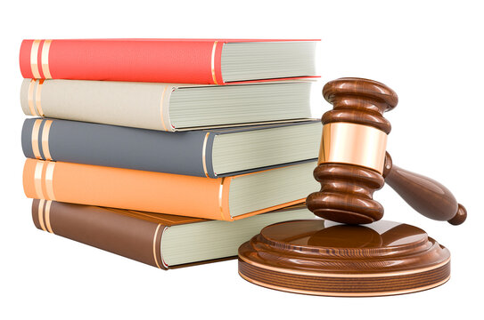 Books with wooden gavel. Law education concept, 3D rendering