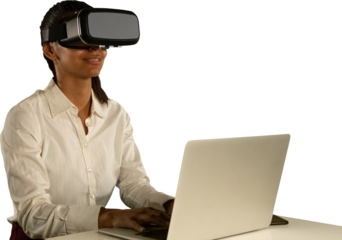 Female use virtual reality headset on computer