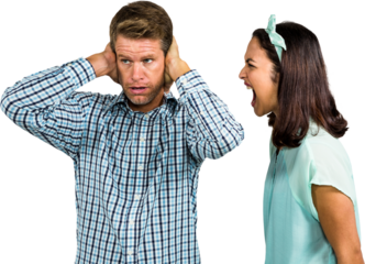 Man covering ears while woman shouting