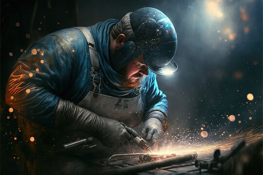 Man worker, welding some steel, in protective suit and helmet, Generative Ai. Fictional person.