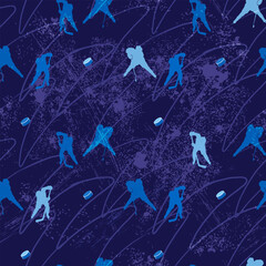 Hockey seamless pattern. Young players with hockey sticks and pucks. Ultra blue area for skating. Vector illustration.