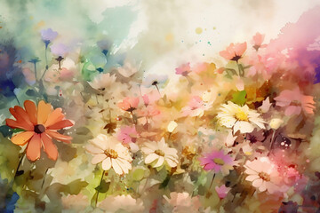 Obraz na płótnie Canvas Wild flowers in the meadow, seasonal spring background. Watercolor painting. Generative AI.