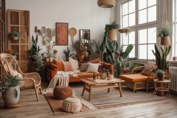 Boho living room. Decoration with potted plants. Generative AI