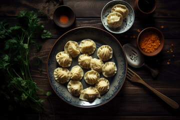 Top view of plate of traditional pelmeni, ravioli or dumplings, food style, menu, recipe, generative ai