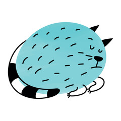 Cute fat doodle cat sleeping. Blue animal character. A funny and stylish element for the design of clothes, toys and stationery products for children. Isolated clipart. Stylization and minimalism.