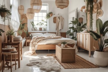 White and beige bohemian wooden bathroom and bedroom. Bathtub, bed, towel rack, potted plants. Tropical wallpaper. Rustic interior design,. Generative AI