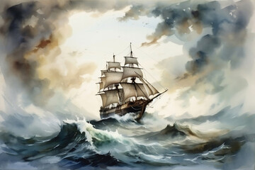 Watercolor old big ship at sea during storm, generative ai - obrazy, fototapety, plakaty