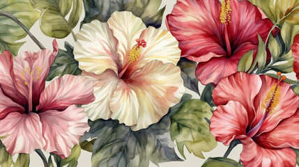 Blooming pattern with hibiscus on white background, watercolor painting, generative ai