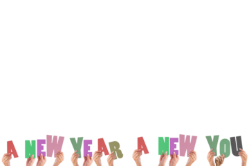 Colorful alphabet spelling a new year a new you held up by people 