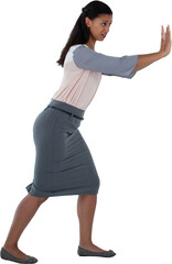 Fototapeta premium Full length businesswoman pushing something