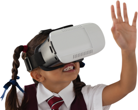 School girl gesturing while wearing VR headset - Powered by Adobe