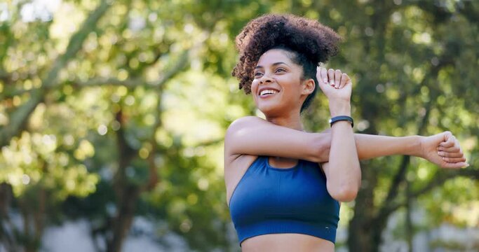 Fitness, nature and female stretching with a personal trainer before a cardio workout or training. Sports, health and woman athlete doing a arm warm up before an outdoor exercise in a park or garden.