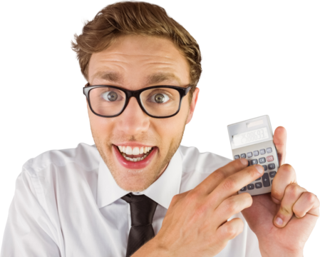 Geeky businessman using a calculator