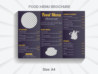 A4 size trifold brochure  food menu template. modern vector restaurant menu design layout.
