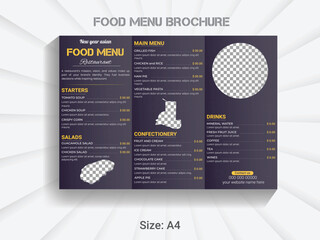 A4 size trifold brochure  food menu template. modern vector restaurant menu design layout.