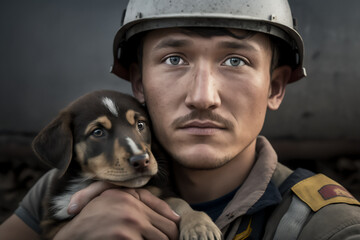 rescuer portrait with puppy Kazakhstan. generativ ai