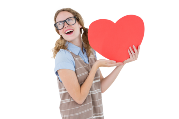 Geeky hipster woman holding heart card