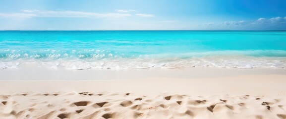 Fototapeta na wymiar Beautiful sand and blue sea water ocean view in summertime vacations banner Generative AI Illustration