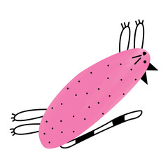 Funny long stretching cat. Doodle art. Simple pink minimalist cat lying. Stylish clipart for children's and teenage clothes and print. Gradient or watercolor effect. A cute animal character. Isolated.