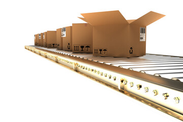Row of brown cardboard boxes on conveyor belt