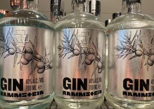 Viersen, Germany - March 9. 2023: Closeup of Rammstein gin bottles  in shelf of german store