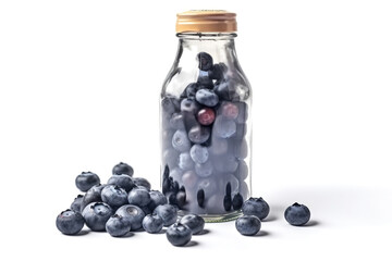 Fresh juicy blueberries in a glass transparent jar isolated on a white background. High resolution. Generative AI