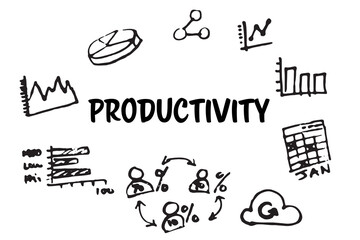 Productivity text surrounded by various vector icons