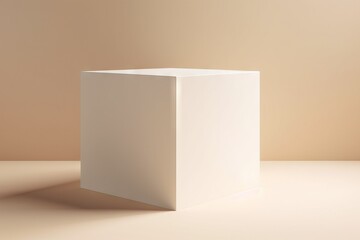  a white square object sitting on top of a white tablecloth covered table top with a light brown wall in the background and a soft light tan background.  generative ai