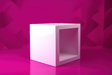 a white cube with a pink background and a pink wall in the background with a geometric pattern on it and a pink floor in the middle.  generative ai