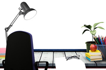 A desk with lamp and documents