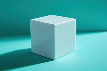  a white cube sitting on top of a blue floor next to a green wall and a green wall behind it is a shadow from the cube.  generative ai