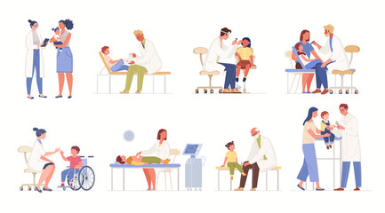Set of illustrations "Children at doctor's appointment", isolated on white background. Collection of various pediatric physician advising patients. Vector characters flat cartoon.