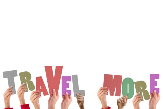 Cropped hands holding colorful words travel more - Powered by Adobe
