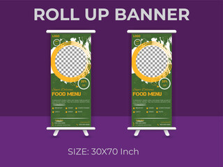 Restaurant food menu roll up banner  template. delicious food standee banner layout.
