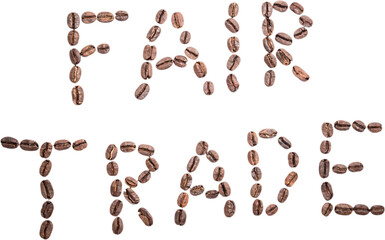Fair trade text made of roasted coffee beans 