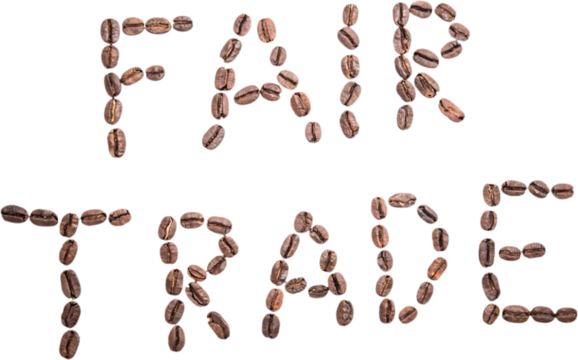 Fair trade text made of roasted coffee beans 
